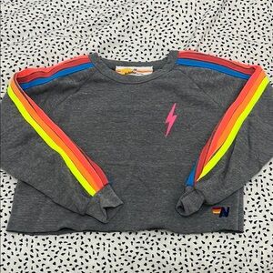 Aviator Nation Gray Cropped Crew Sweatshirt with Neon Rainbow Stripes